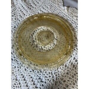 Vintage Jeanette Clear Golden Pressed Glass Footed Cake Plate Ribbed 11”